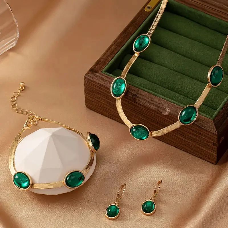 Oval Green Crystal Pendant Necklace Set With Bracelet